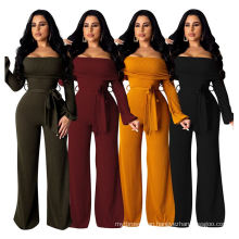 H99 wholesale fashion rib off shoulder long sleeve wide leg women 2020 casual jumpsuits and rompers